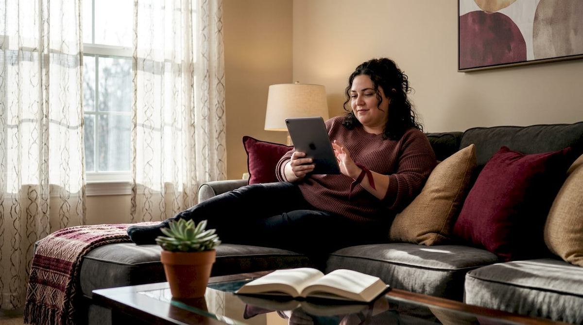 Plus size woman shopping lingerie on tablet