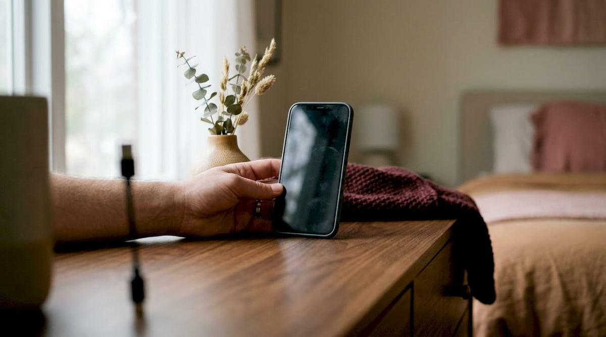 Hand holding phone near discreet toy silhouette