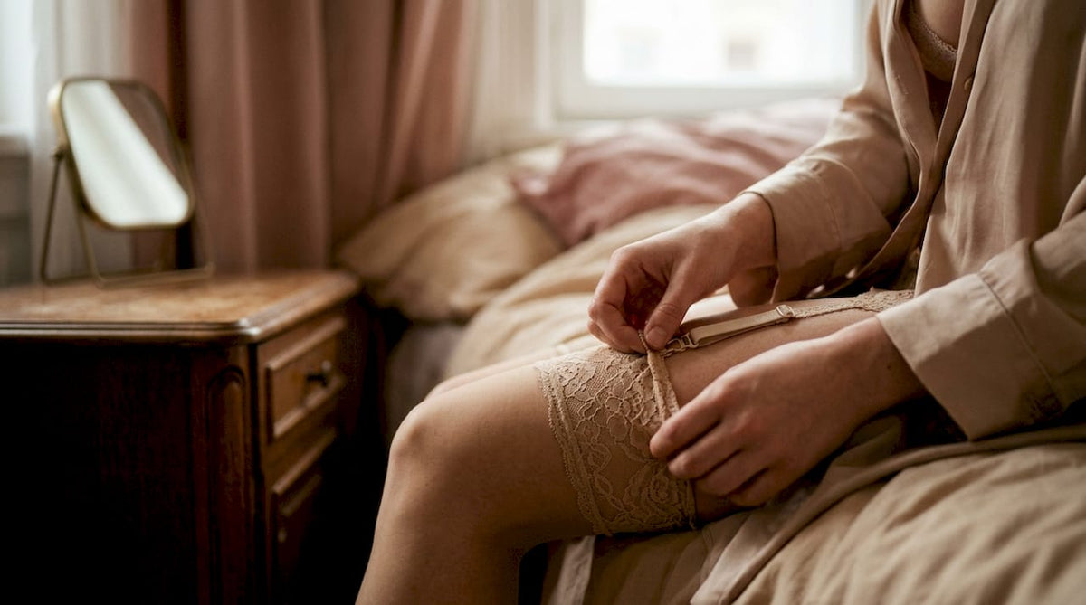 Close-up hands clipping stocking to garter belt