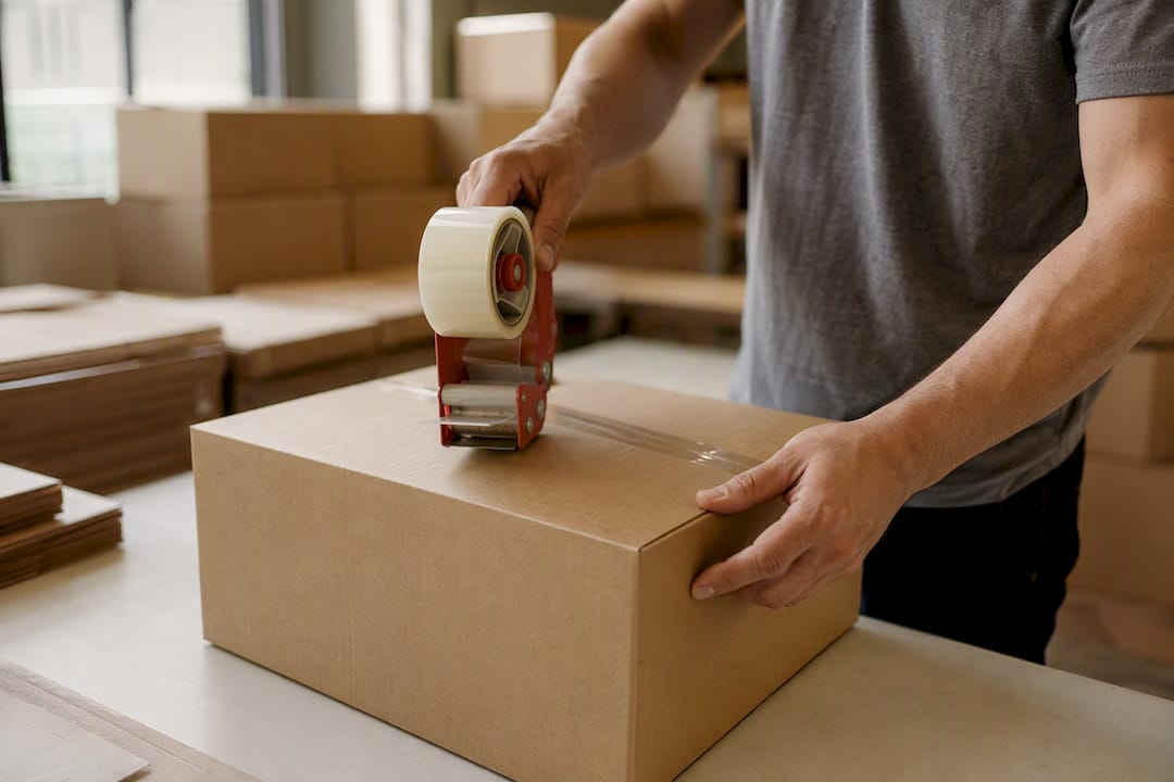 Hands sealing plain shipping box