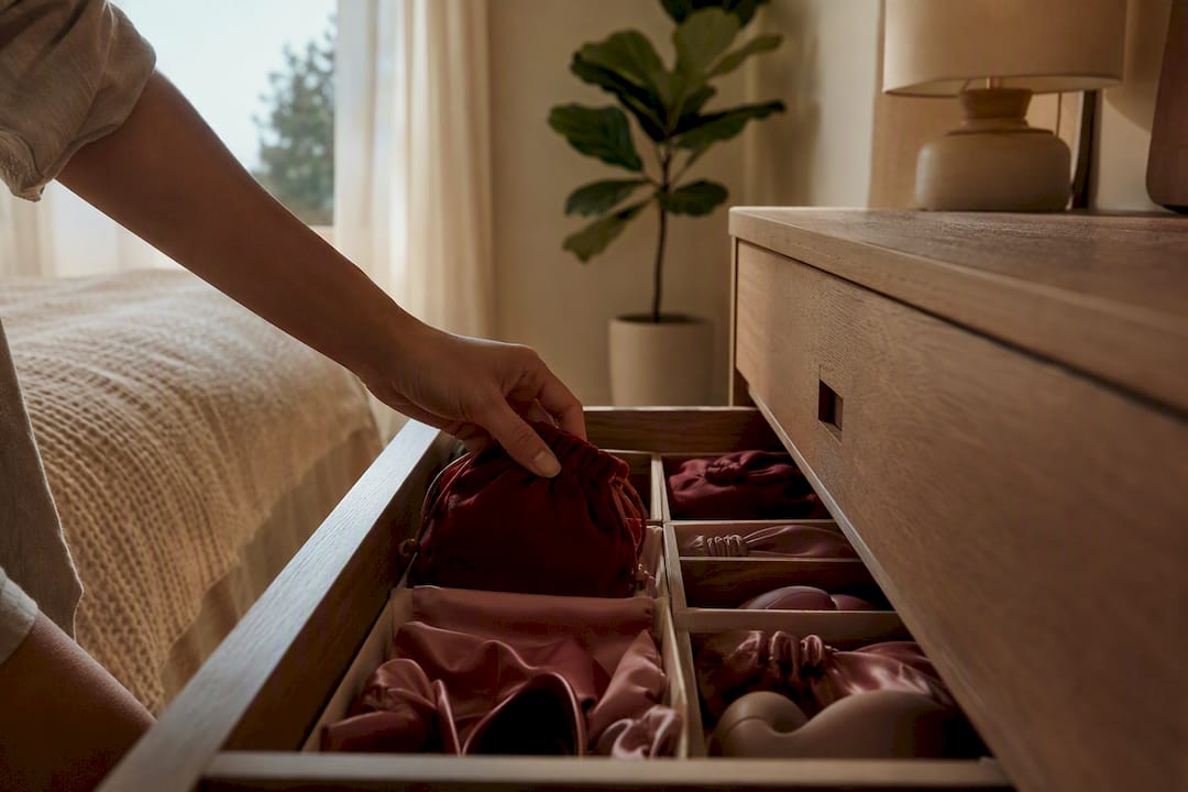 Hand placing velvet pouch in drawer with toy storage