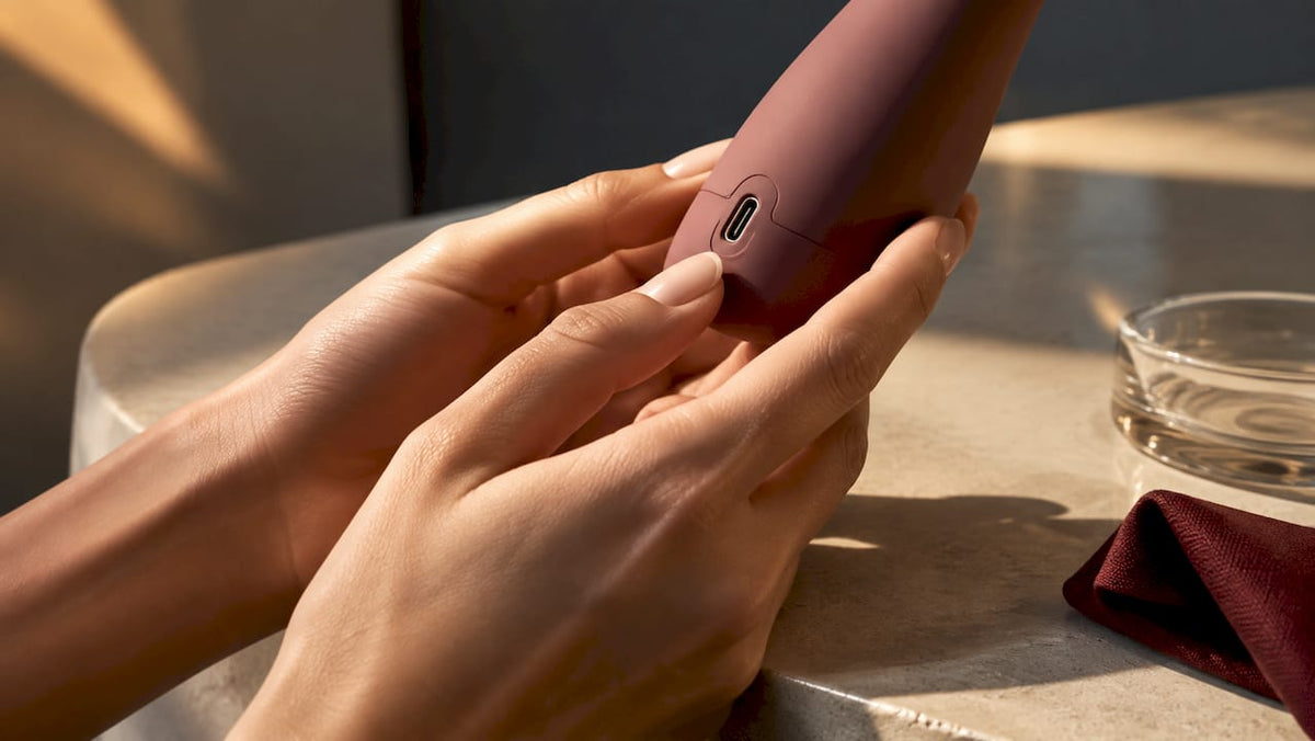 Hands inspecting premium toy materials and charging seal