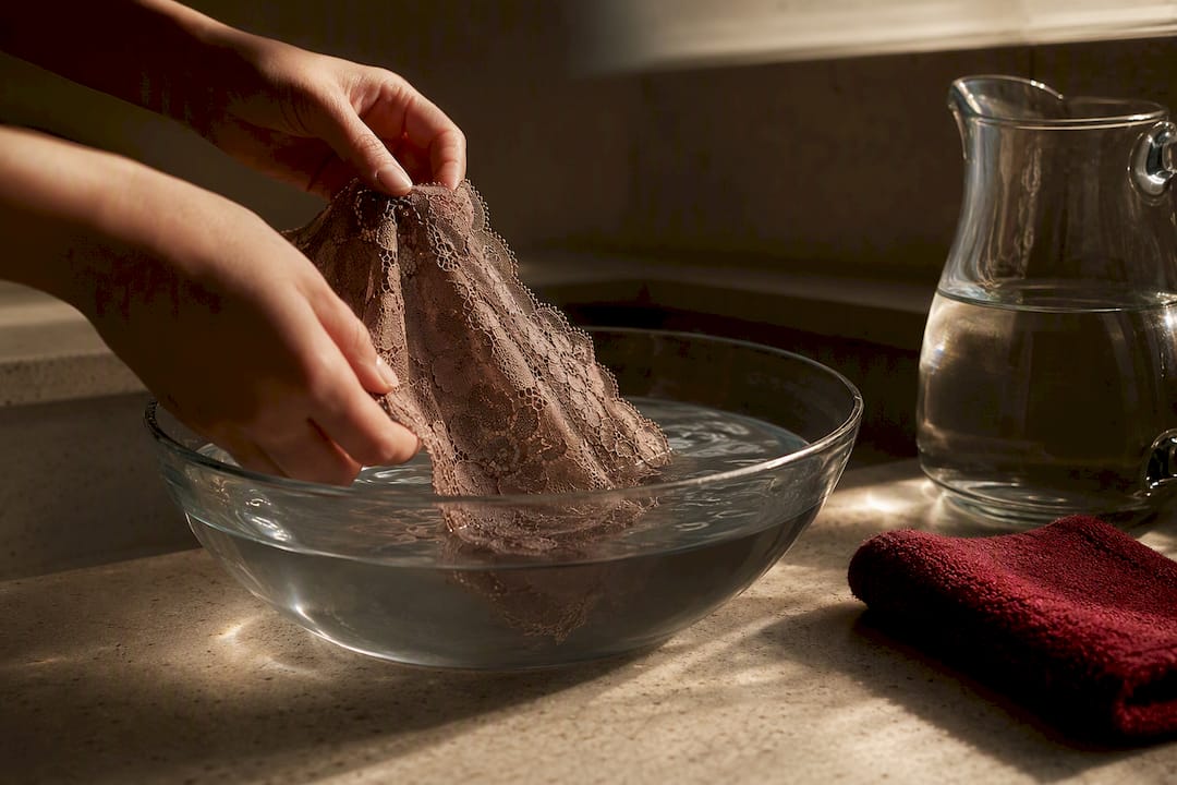 Hands rinsing delicate lace fabric