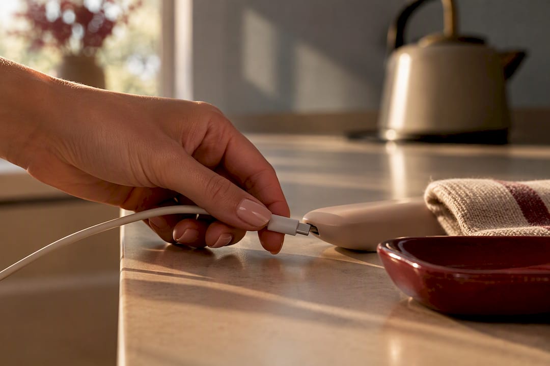Anonymous device charging safely on kitchen counter