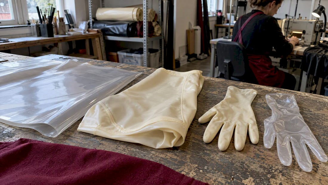 PVC and latex materials compared on worktable