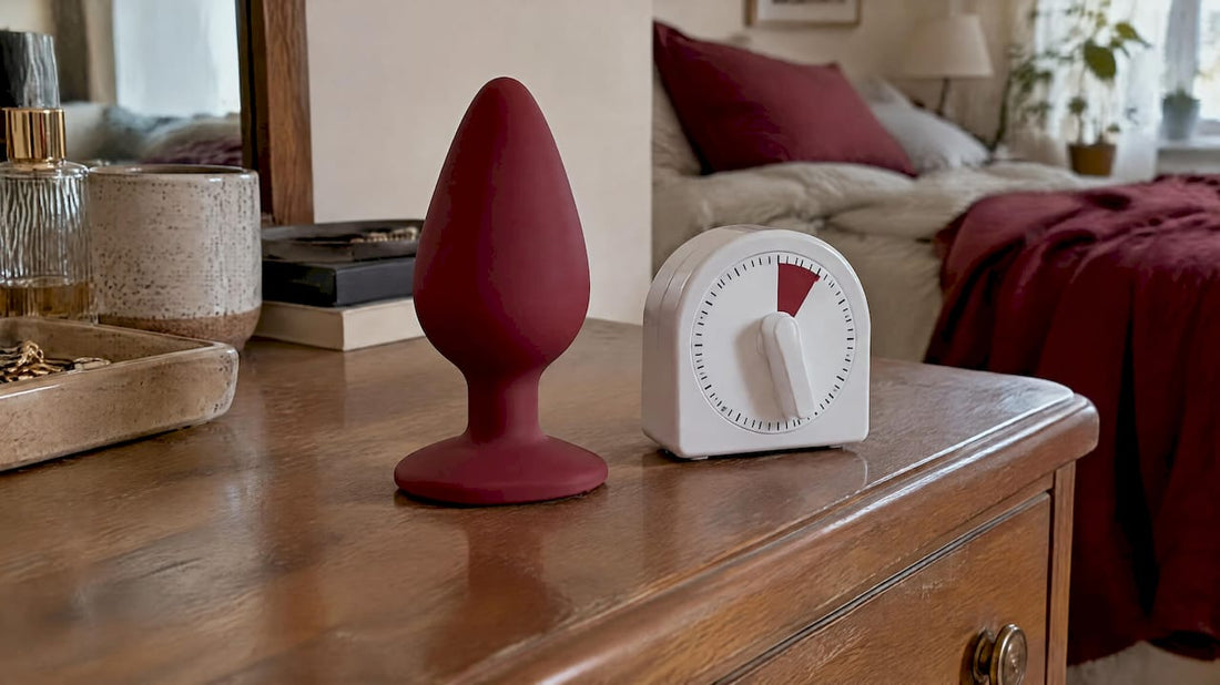 Silicone butt plug beside a small timer