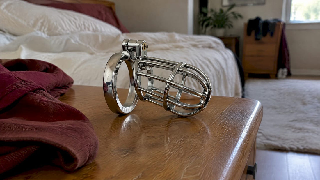 Plain chastity cage on bedroom nightstand