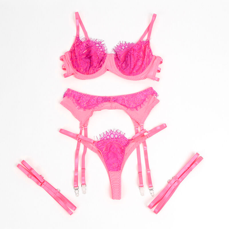 SUBBLIME - 955359 SET OF BRA WITH LACE AND GARTER LINKS PINK AND PURPLE S/M