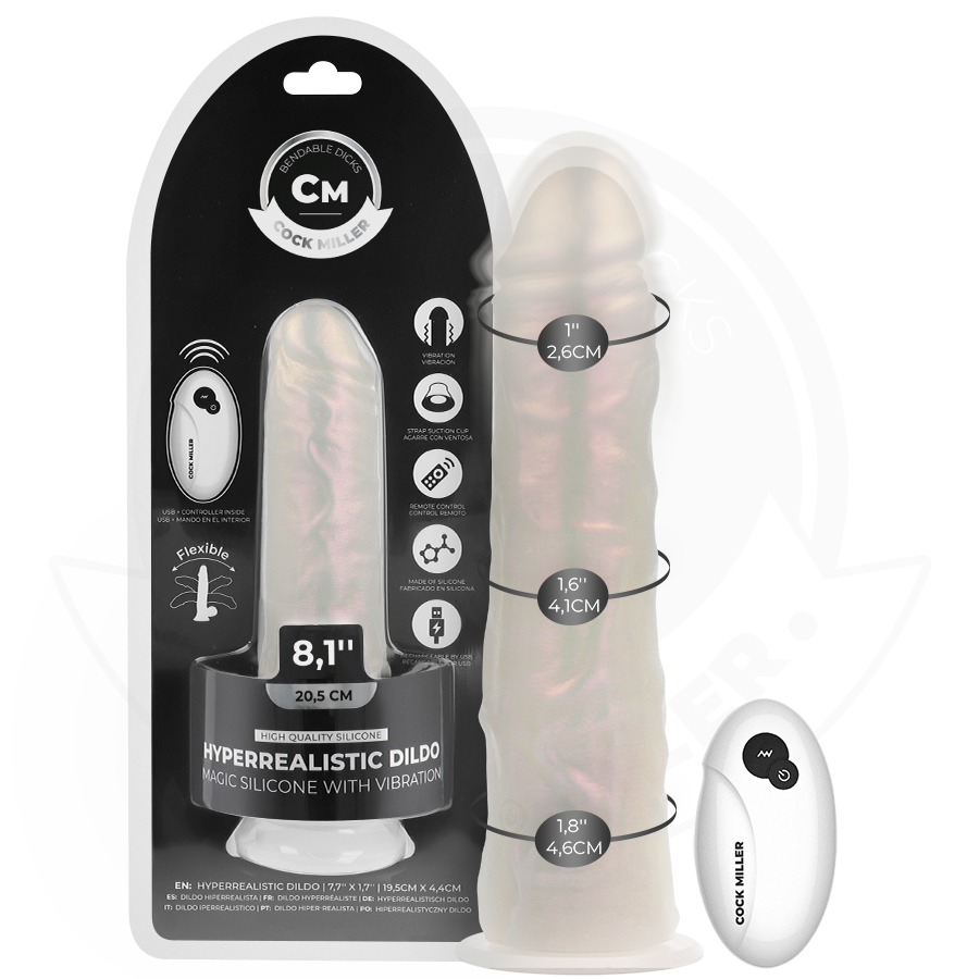 COCK MILLER - DILDO WITH SUCTION CUP, LIGHTS AND VIBRATION WITH REMOTE CONTROL WHITE 20.5 CM